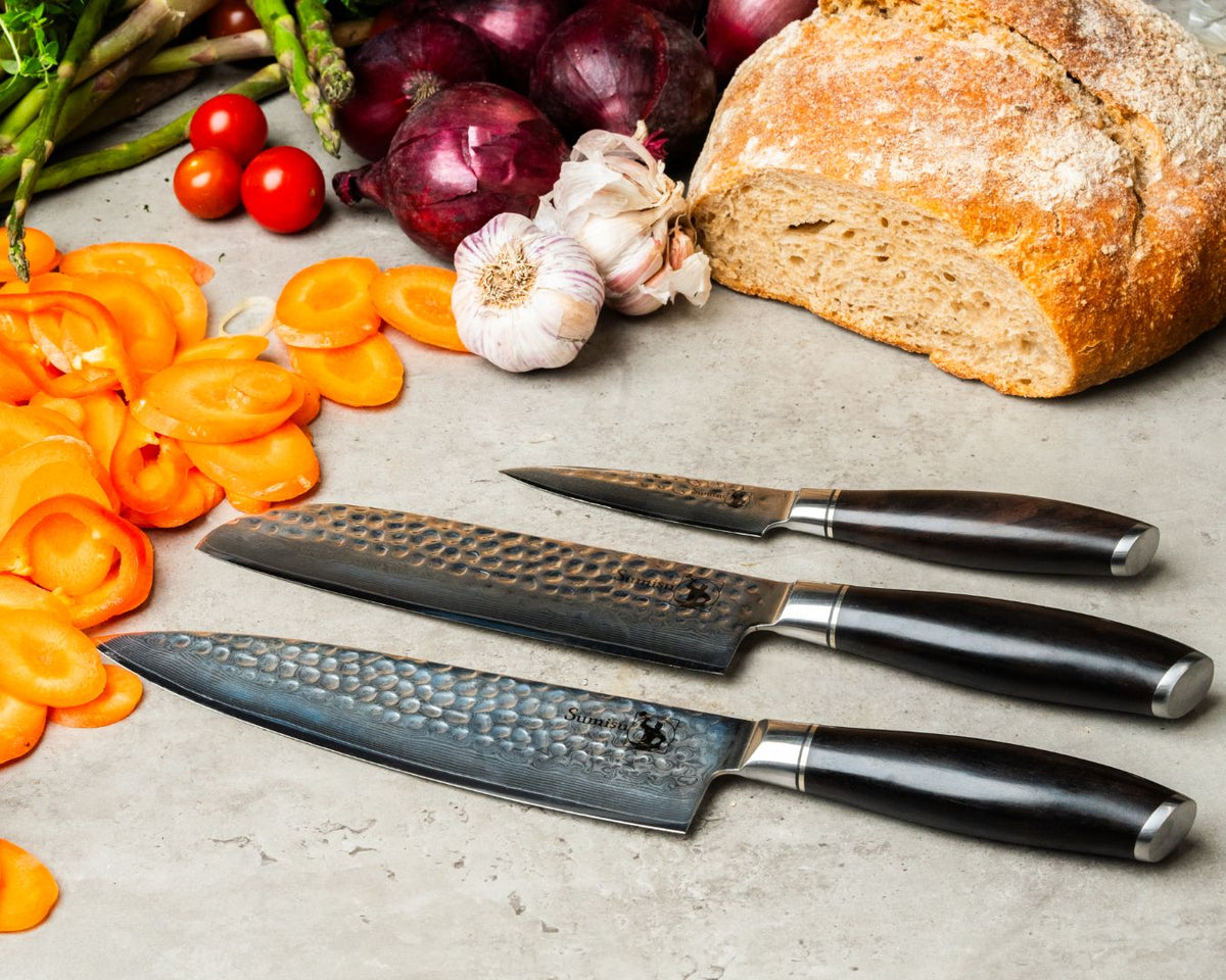Knivsæt med 3 køkkenknive i damaskusstål - Kaki (Madelskeren)