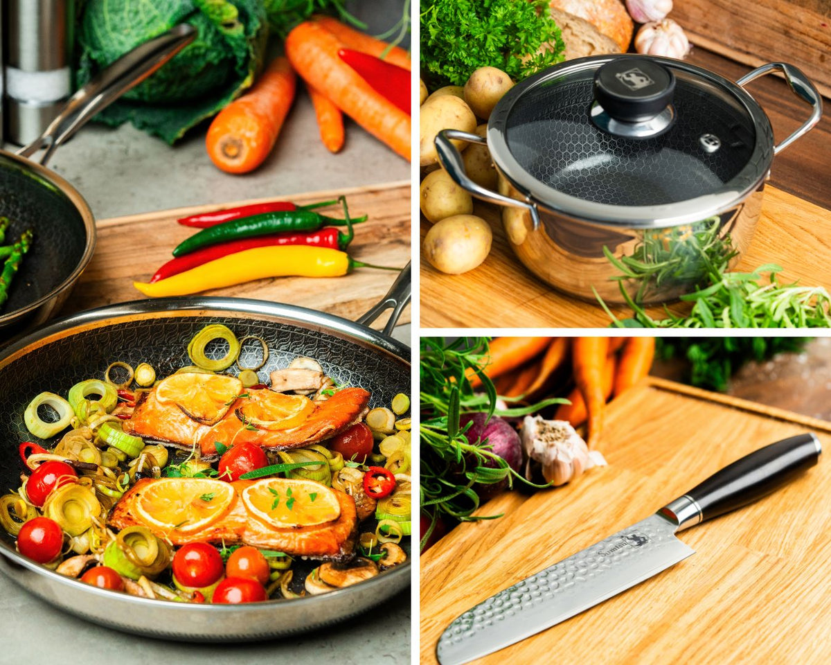 Startsæt – Non-stick pande 28 cm, gryde 5 L & Kaki grøntsagskniv