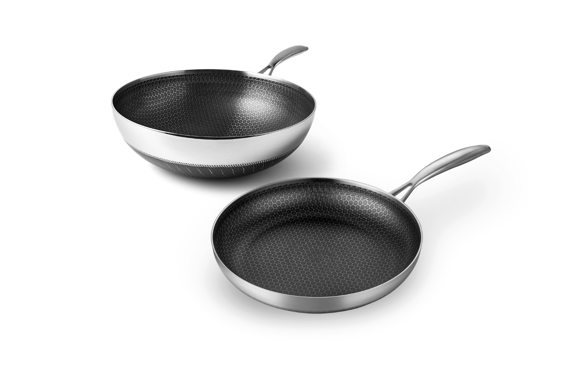 Fusion non stick stegepande ø 28 cm og non-stick wok ø 30 cm. Leveres begge med patenteret belægning