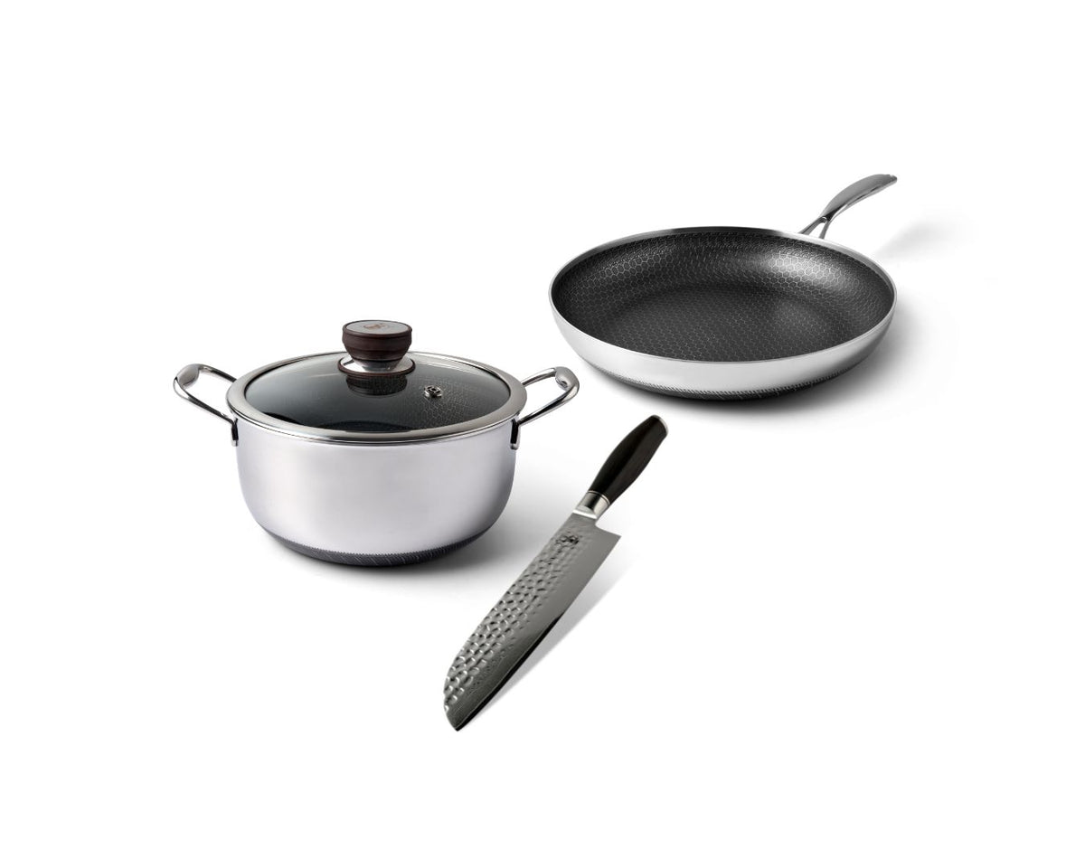 Startsæt – Non-stick pande 28 cm, gryde 5 L & Kaki grøntsagskniv
