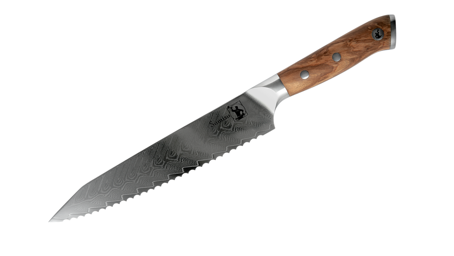 Inspireret af japanske knive. Vores brødkniv er i damaskusstål. Køb brødkniv alene eller som en del af et knivsæt. Denne køkkenkniv er med olientræ på skæftet