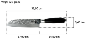 Grøntsagskniv med sort håndtag og her ses alle mål og vægt
