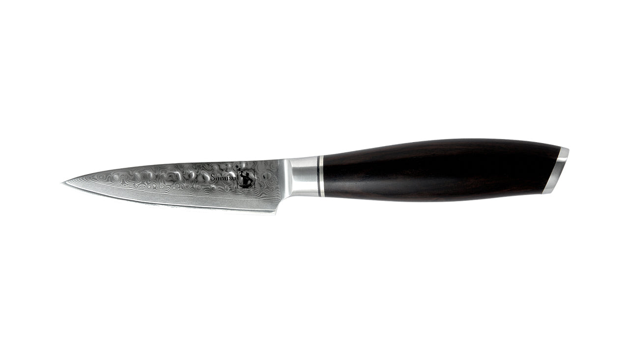 Kaki urtekniv turneringskniv i 67 lag damaskus stål. FSC certificeret ibenholttræ